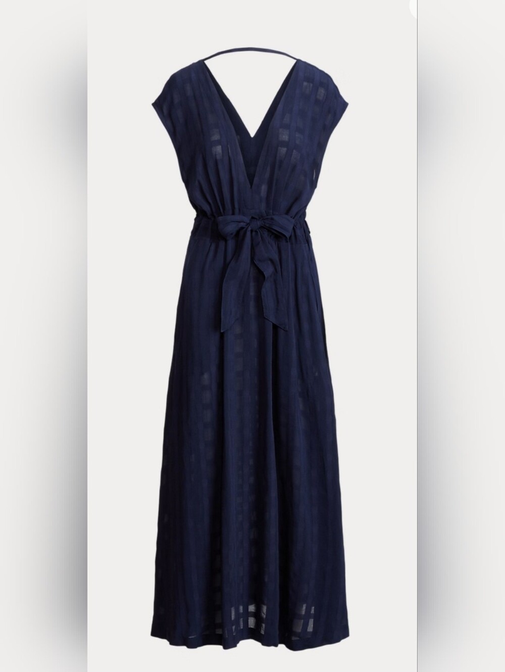 ​Ralph Lauren Plaid Midi Dress Swim Cover-Up Navy Blue Plunge V-Neck Tie Waist
